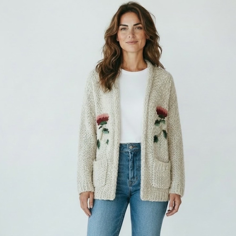Alya Francesca's Cream Metallic Open Knit Floral Embroidered Cardigan M NEW Boho